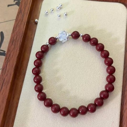 Red Rhythm Silver Flower Auspicious Cinnabar Bracelet
